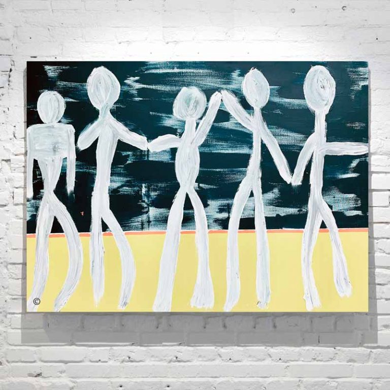 modern abstract painting people together with fresh colours titled against the grain by artist sarah jane
