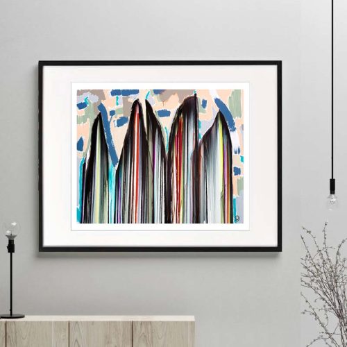 modern art print - rainbow coloured surf boards standing upright in abstract beach