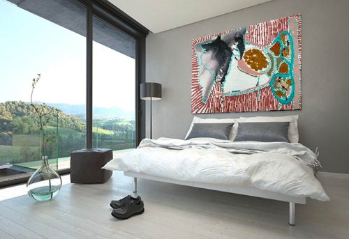 modern bedroom with colourful abstract art of lines and dots titled australiana i by sarah jane australian artist