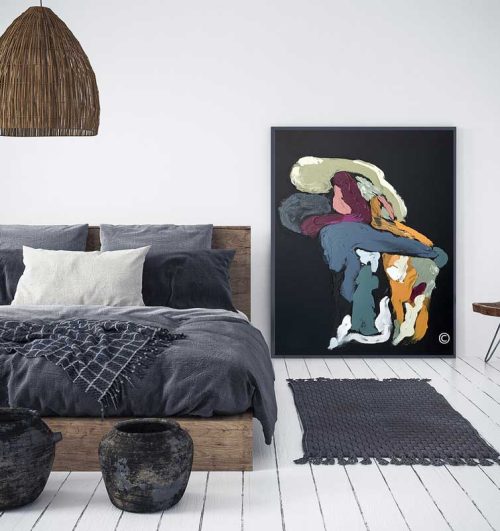 modern bedroom - romantic art - man proposing - titled body bloom vi - sarah jane art