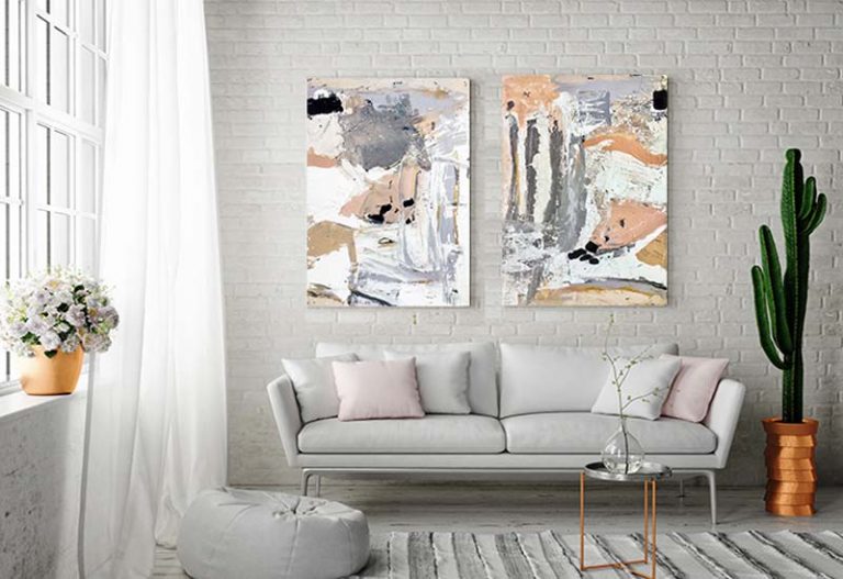 Modern Feminine Lounge Room with Modern Abstract Paintings in Pink and Grey Titled Beautiful Soul and eautiful By Australian Artist Sarah Jane