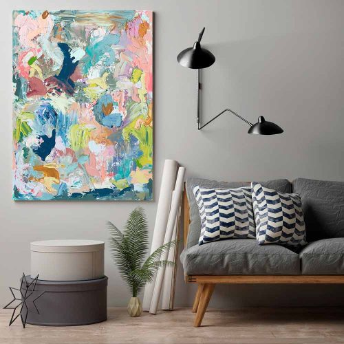 modern living room - cheerful abstract painting - feed the soul - sarah jane artist