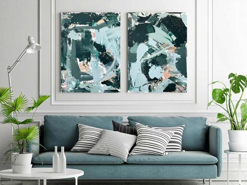 modern living room - pair green abstract paintings on wall - titled another day in paradise I and II by sarah jane artist