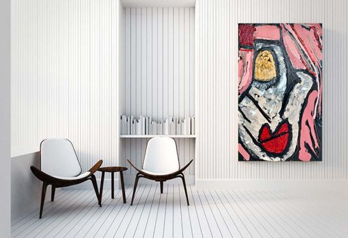 modern space with a trendy modern face painting titled perfect face warm colours - sarah jane art