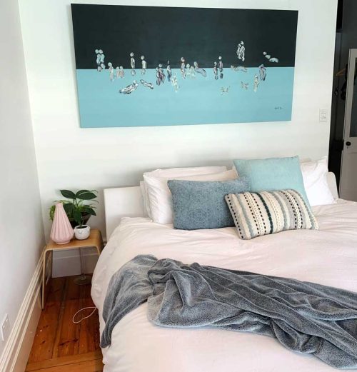 modern styled bedroom - aqua abstract painting - we are one viii - sarah jane artist