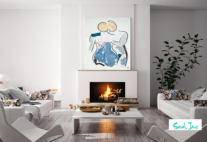 modern white lounge room - couple in love painting titled bodyline vii by australian artist sarah jane