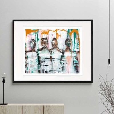 people standing together figurative print modern abstract titld united we stand i framed or unframed by arah jane australian artist