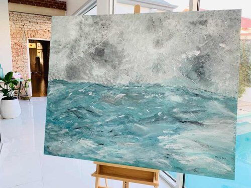 sarah jane art gallery - storm iv painting rough ocean seas teal