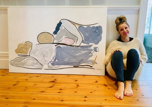 sarah jane artist studio - woman lying on man painting with soft colours titled bodyline vi