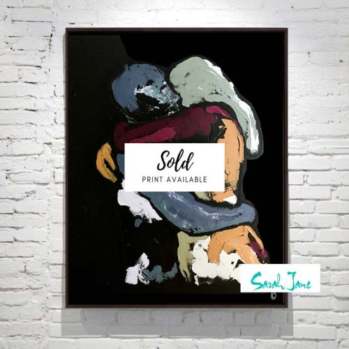 sarah jane paintings sold - body bloom i - black canvas painting figurative couple kissing - colourful
