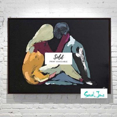 black-canvas-painting-figurative-couple-sitting-kissing-colourful