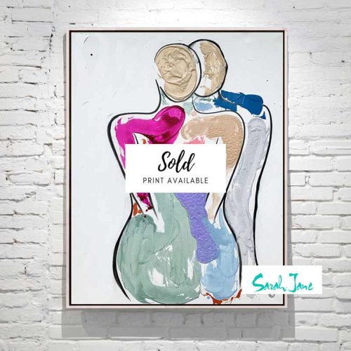 sarah jane paintings sold - bodyline bold iv - abstract figurative painting happy couple fun colours