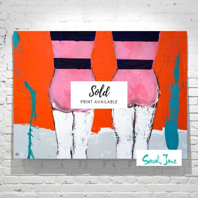 sarah-jane-paintings-sold---cozzie-painting-modern-abstract-woman-at-beach-colourful-bathers---bold-colours