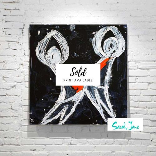 sarah-jane-paintings-sold---playful-pair-modern-abstract-people-playing---navy-white-orange-colour-tones