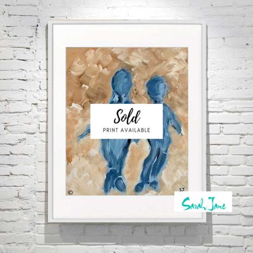 sarah-jane-paintings-sold---time-on-my-hands-ii-framed-painting-mother-and-son-holding-hands---tan-and-blue-colour-tones