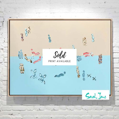 Sarah Jane Paintings Sold - WE ARE ONE IX - Abstract People at beach painting in sand and pale blue