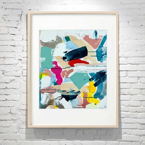 small framed painting abstract bright colours titled reengage iii by australian artist sarah jane - birch frame
