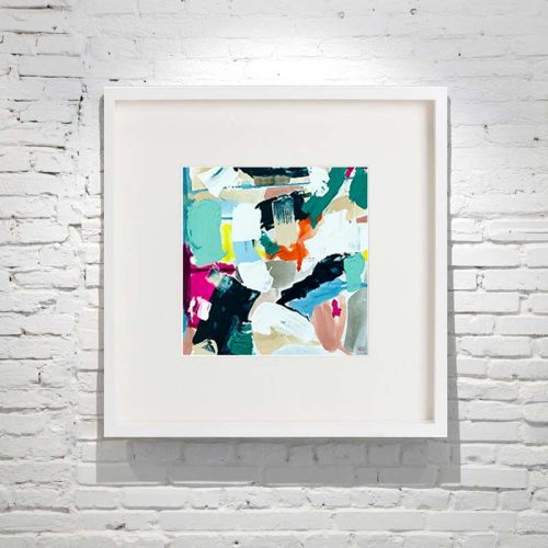 small framed painting abstract bright colours titled reengage iv by australian artist sarah jane - white frame