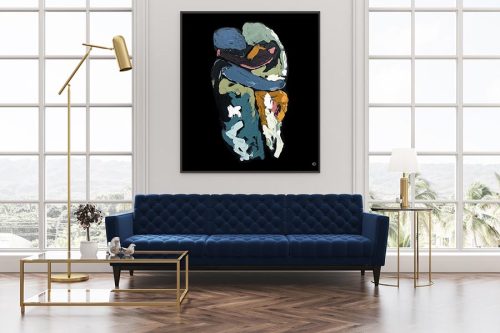 sophisticated living room - abstract figurative art on wall - coule kissing - body bloom v - sarah jane artist