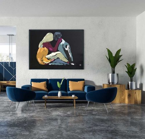 sophisticated living room black canvas artwork couple kissing on wall