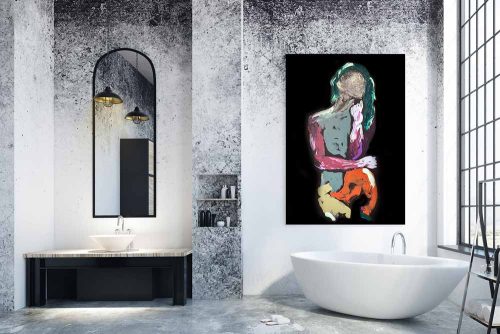stylish bathroom - ambitious woman painting colourful - body bloom xii - sarah jane australian artist