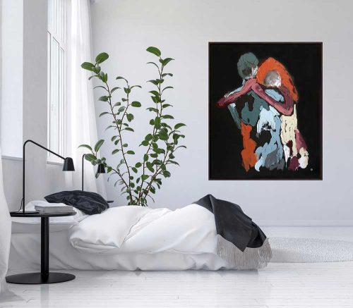 white bedroom - colourful abstract figurative couple on wall