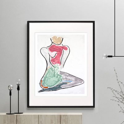 woman kneeling bright colours print modern abstract titled bodyline iii by sarah jane australian artist framed or unframed