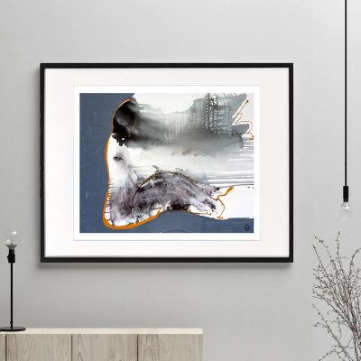 woman sitting print modern abstract navy grey tones titled wind of change i framed or unframed by sarah jane australian artist